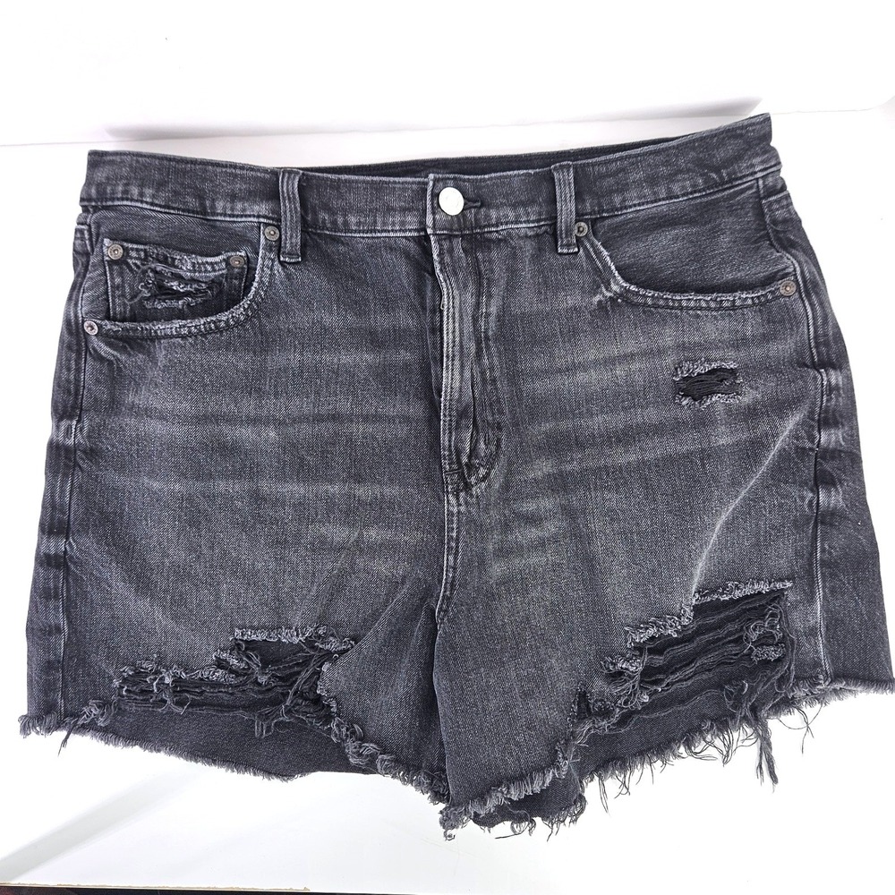 American Eagle Sz 16 High Rise Baggy Cutoff Distressed Shorts Black Stretch Rips
